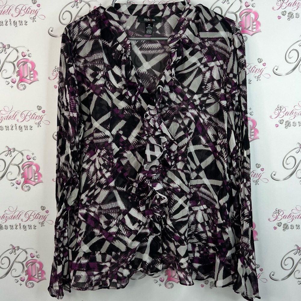 Style & Co. Long sleeve ruffle sleeve abstract Black and Purple Geometric Blouse